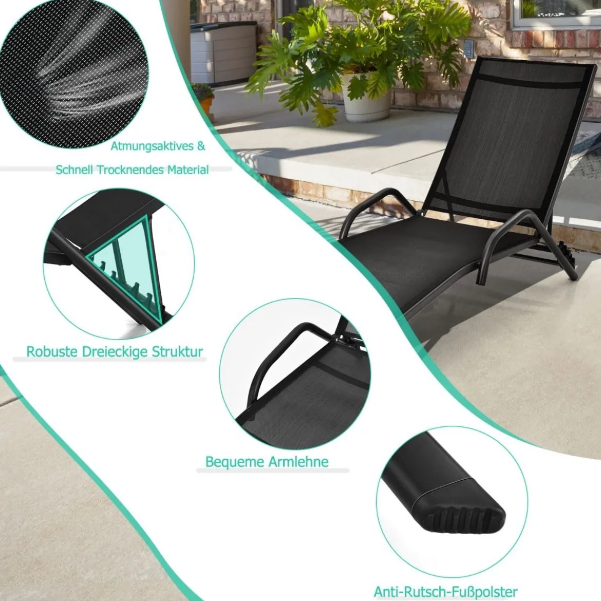 2er Set 5-Position Verstellbare Terrasse-Lounges mit Atmungsaktivem Sitz für Outdoor Schwarz
