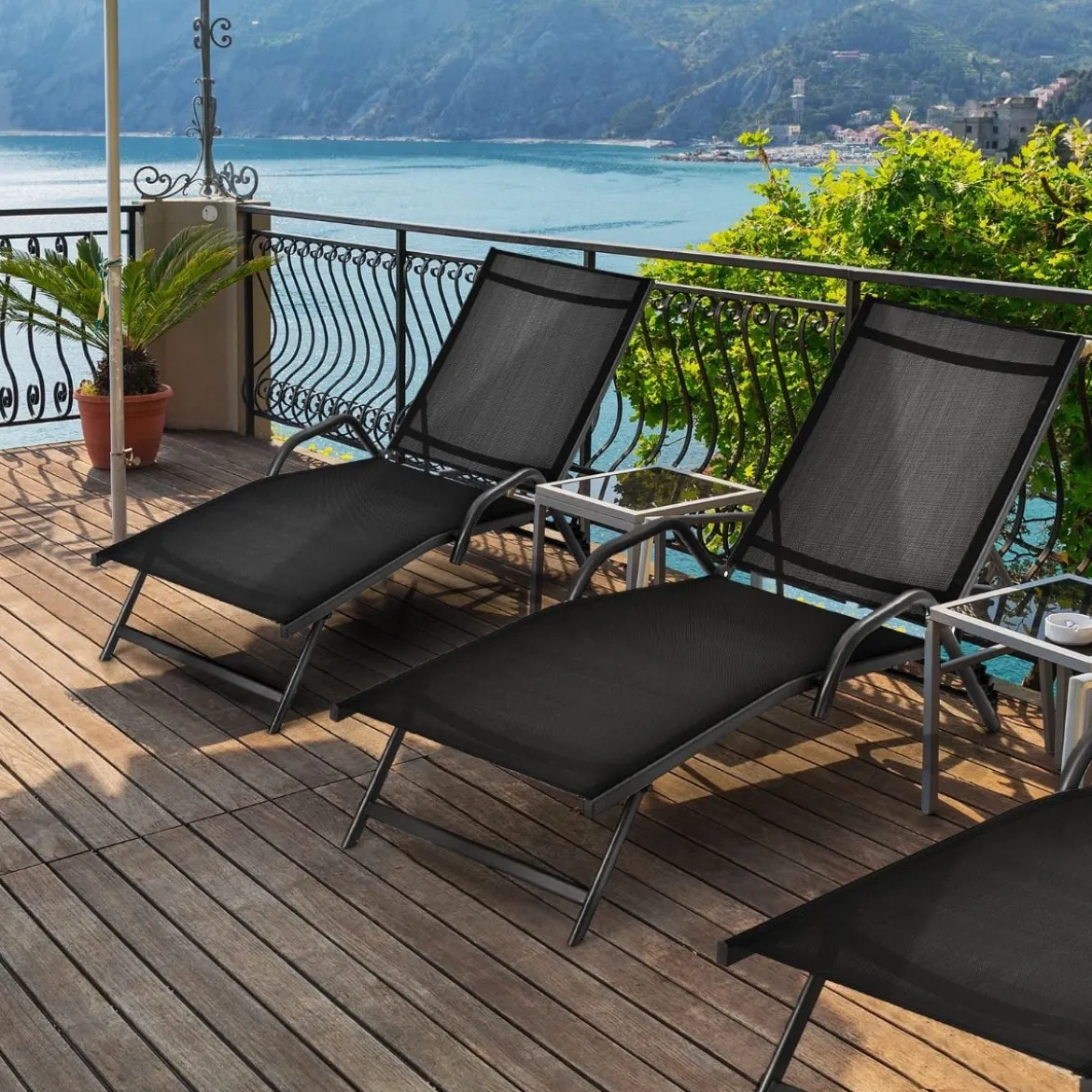 2er Set 5-Position Verstellbare Terrasse-Lounges mit Atmungsaktivem Sitz für Outdoor Schwarz