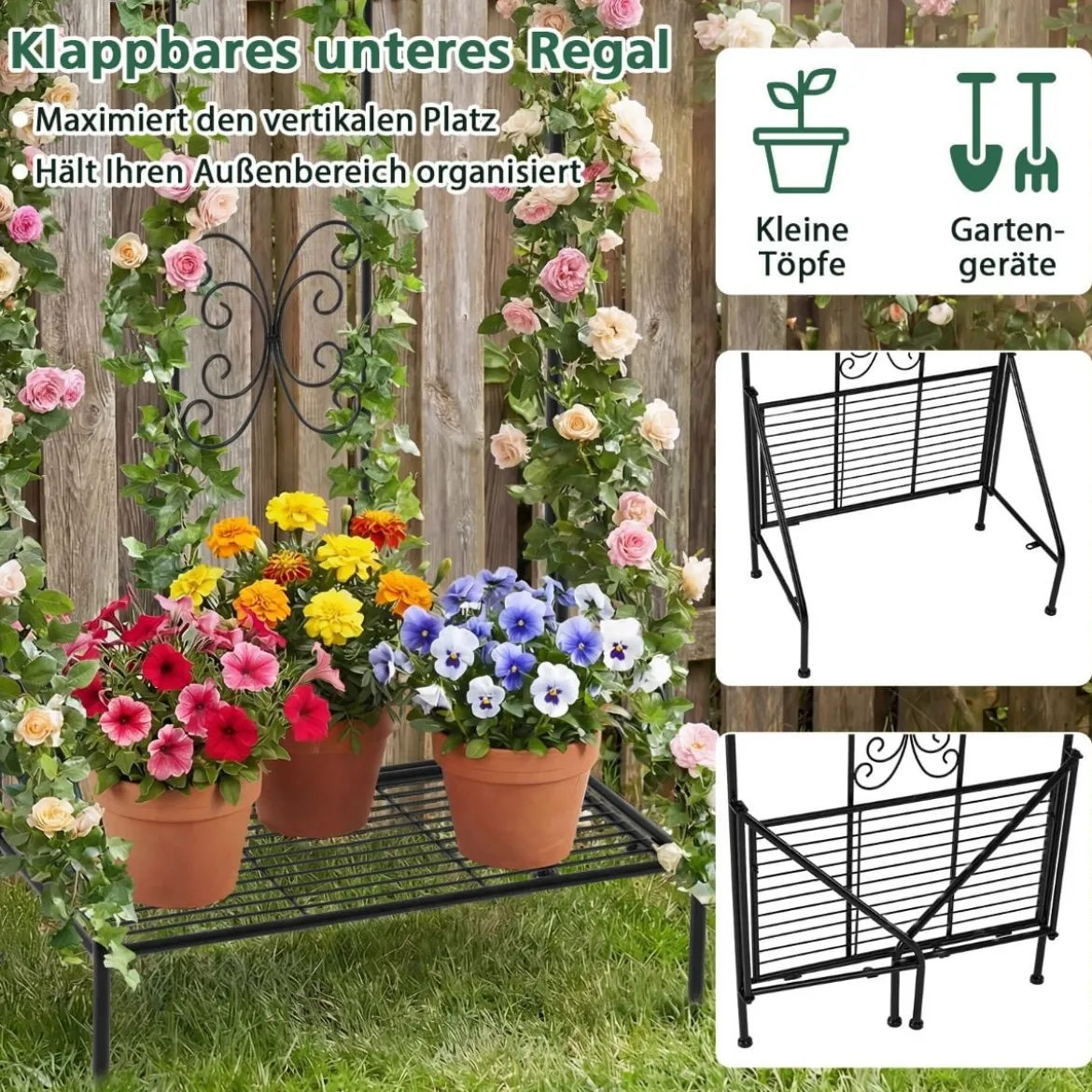 2er Set Rankgitter Metall 3 in 1 dekorativer Gartenzaun & Blumenregal & Pflanzstütze Schwarz