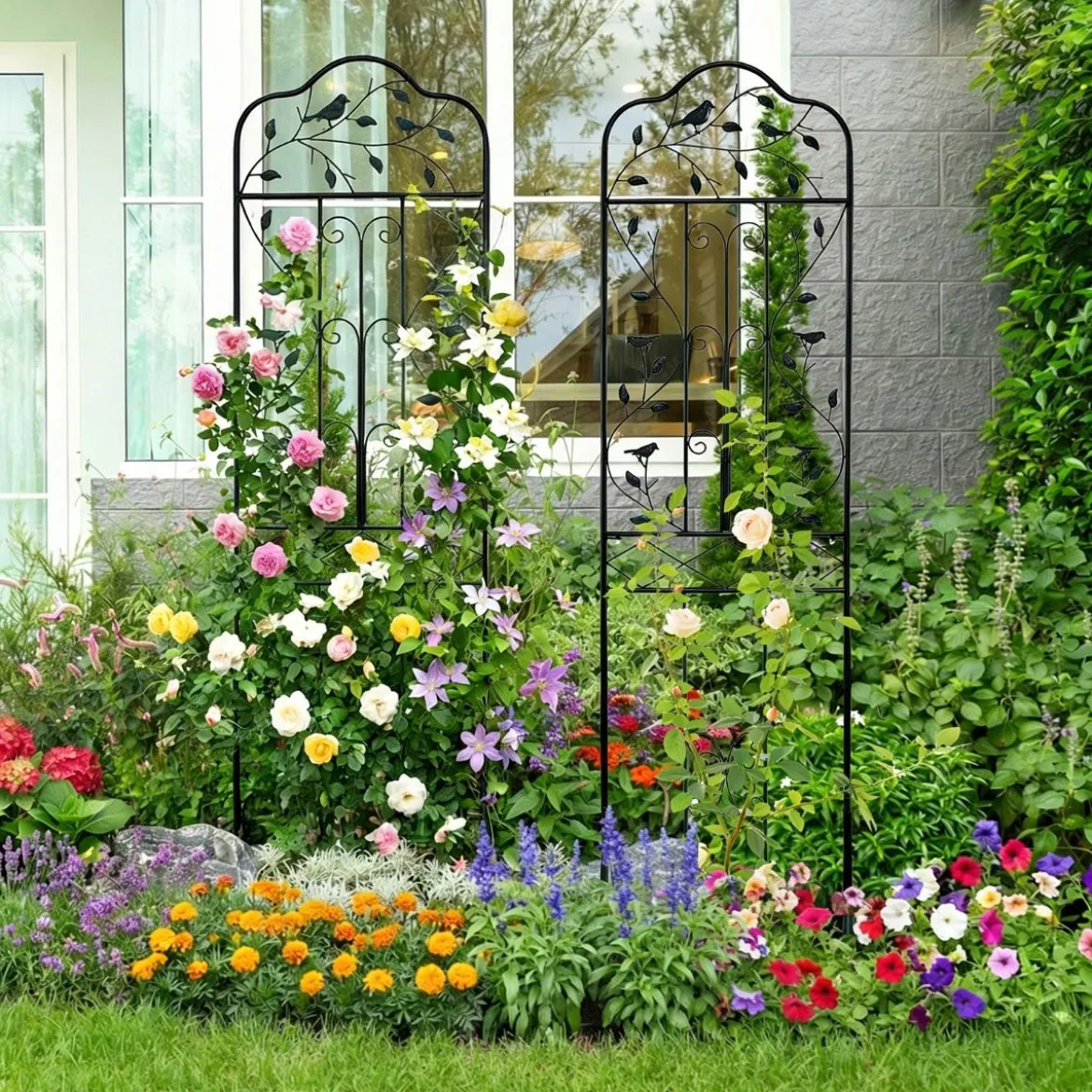 2er Set Rankgitter Metall 3 in 1 dekorativer Gartenzaun & Blumenregal & Pflanzstütze Schwarz