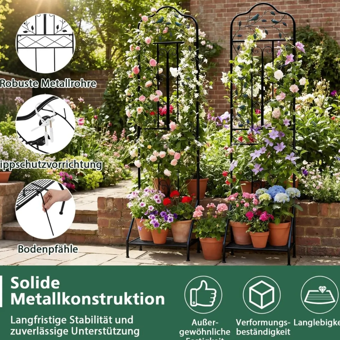 2er Set Rankgitter Metall 3 in 1 dekorativer Gartenzaun & Blumenregal & Pflanzstütze Schwarz