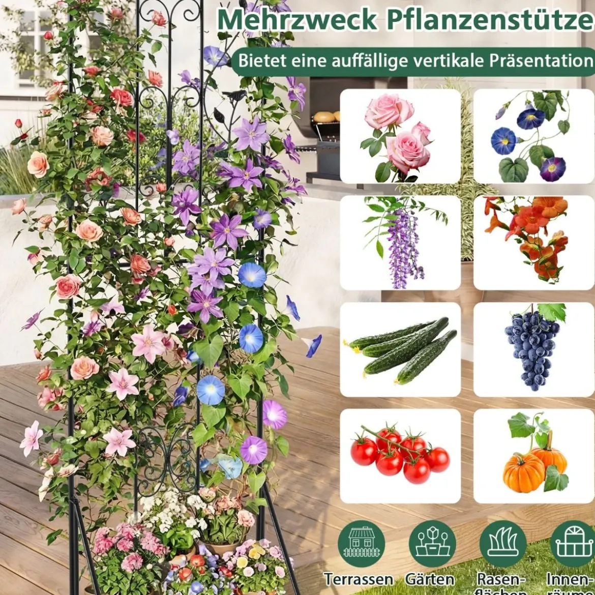 2er Set Rankgitter Metall 3 in 1 dekorativer Gartenzaun & Blumenregal & Pflanzstütze Schwarz