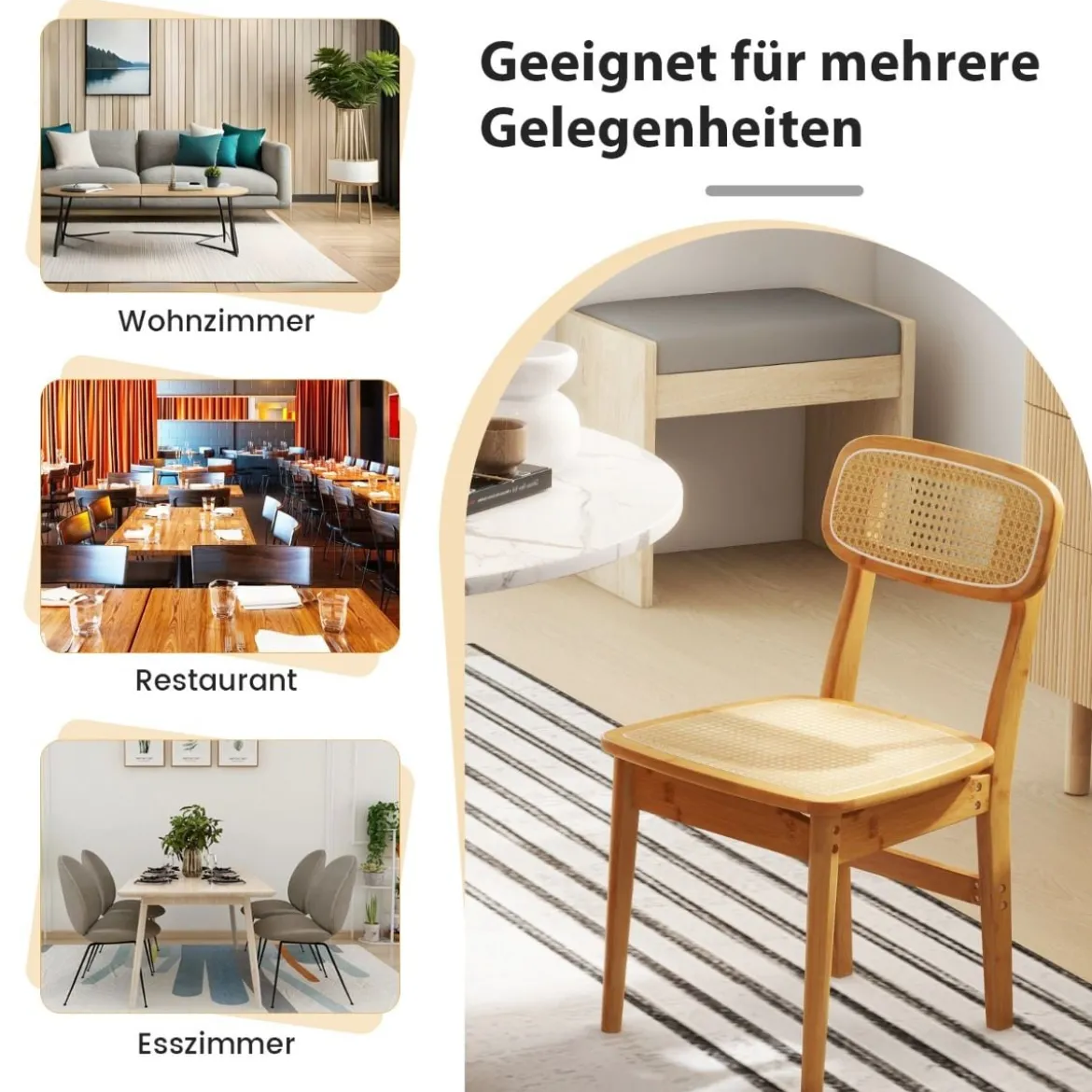 2er Set Rattan-Esszimmerstühle mit simulierter Rattan-Rückenlehne & Filzfußmatten & Holzgestell Mid-Century-Stil