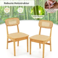 2er Set Rattan-Esszimmerstühle mit simulierter Rattan-Rückenlehne & Filzfußmatten & Holzgestell Mid-Century-Stil