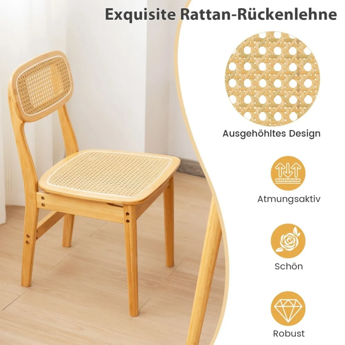 2er Set Rattan-Esszimmerstühle mit simulierter Rattan-Rückenlehne & Filzfußmatten & Holzgestell Mid-Century-Stil