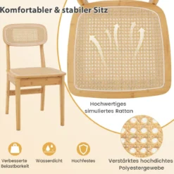 2er Set Rattan-Esszimmerstühle mit simulierter Rattan-Rückenlehne & Filzfußmatten & Holzgestell Mid-Century-Stil