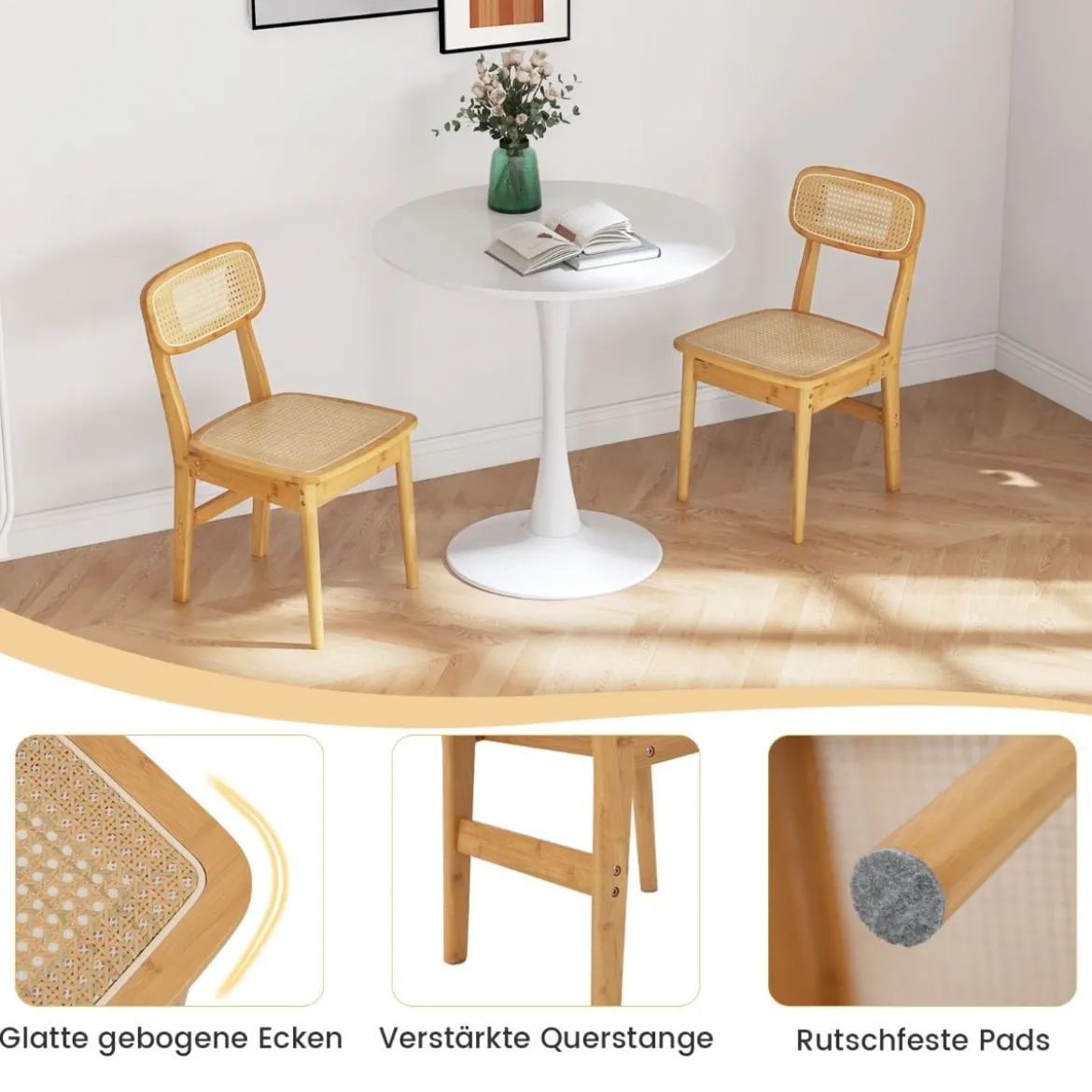 2er Set Rattan-Esszimmerstühle mit simulierter Rattan-Rückenlehne & Filzfußmatten & Holzgestell Mid-Century-Stil