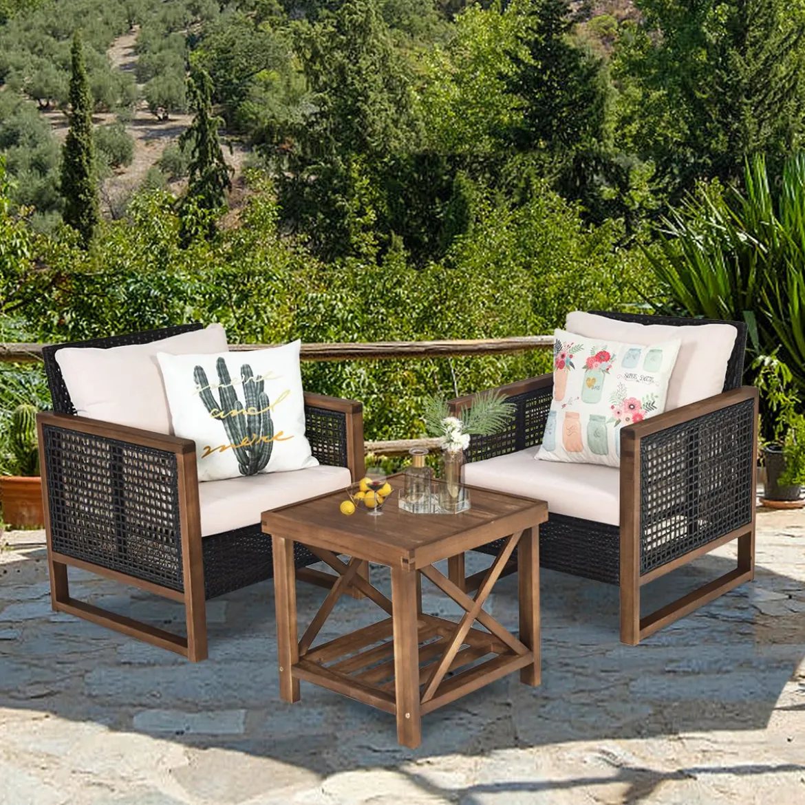 3er Set Rattan Gartenmöbel Polyrattan Lounge Set mit Waschbaren Sitzkissen Outdoor Sitzgarnitur
