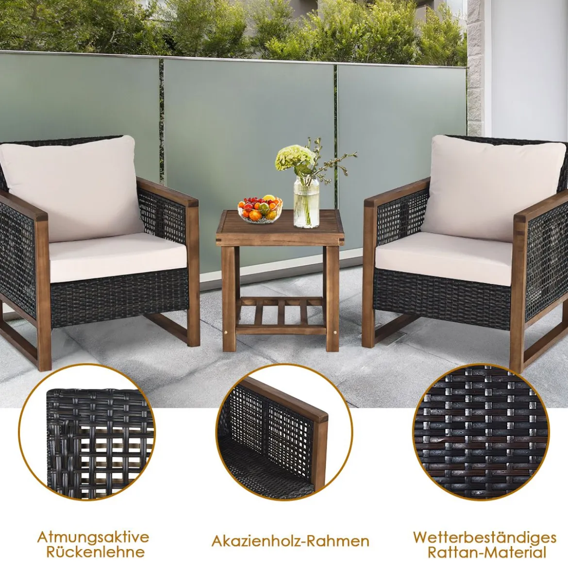 3er Set Rattan Gartenmöbel Polyrattan Lounge Set mit Waschbaren Sitzkissen Outdoor Sitzgarnitur