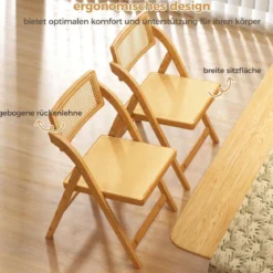 2er Set Rattan Klappstühle mit Bambusrahmen Küchenstühle im Boho-Stil 150 kg Tragkraft