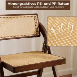 2er Set Rattan Klappstühle mit Bambusrahmen Küchenstühle im Boho-Stil 150 kg Tragkraft Walnuss