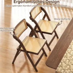 2er Set Rattan Klappstühle mit Bambusrahmen Küchenstühle im Boho-Stil 150 kg Tragkraft Walnuss