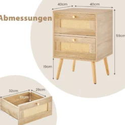 2er Set Rattan Nachttisch im Boho-Stil mit 2 Schubladen & Massivholzbeinen Nachtschrank
