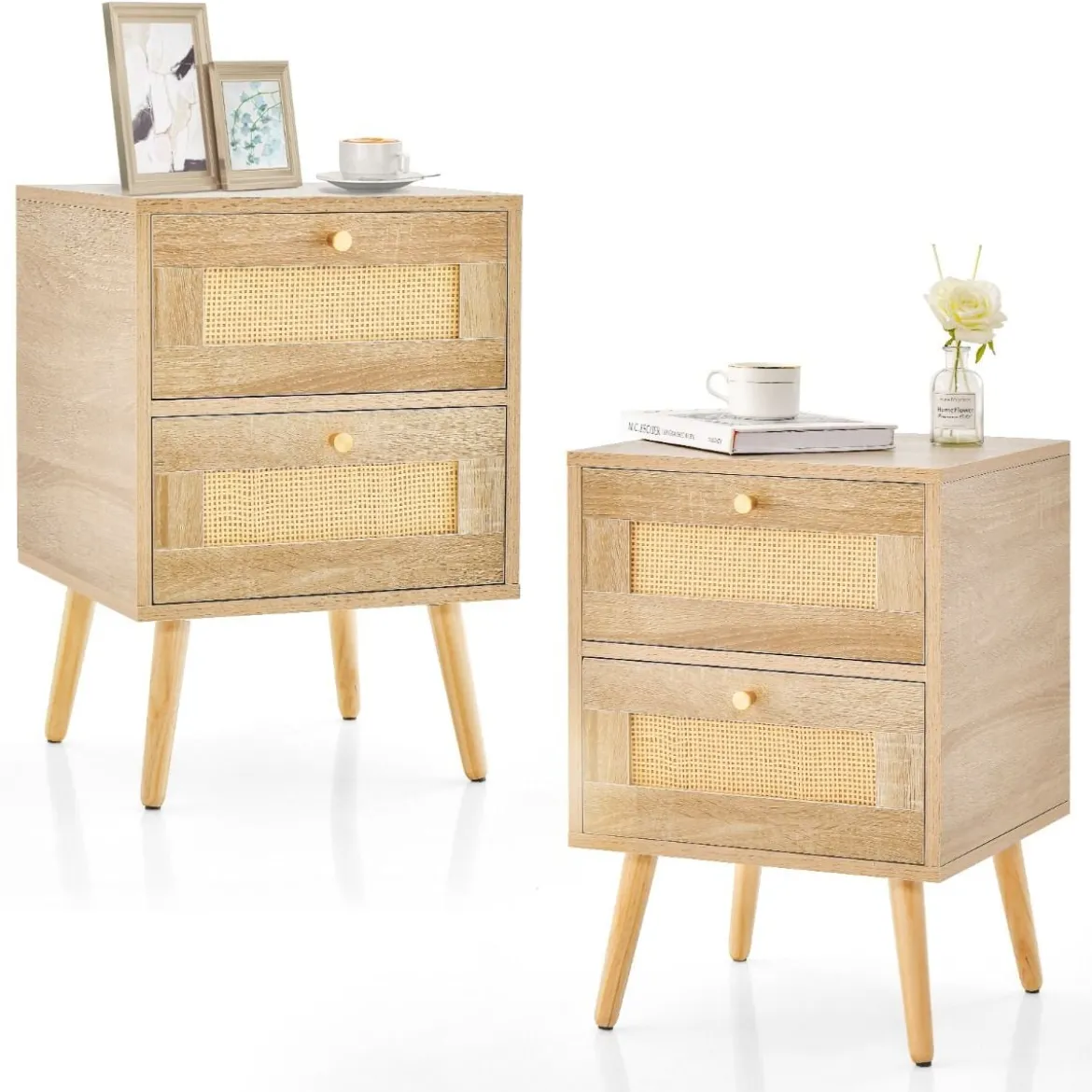 2er Set Rattan Nachttisch im Boho-Stil mit 2 Schubladen & Massivholzbeinen Nachtschrank
