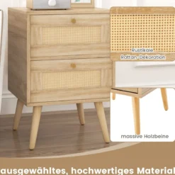 2er Set Rattan Nachttisch im Boho-Stil mit 2 Schubladen & Massivholzbeinen Nachtschrank