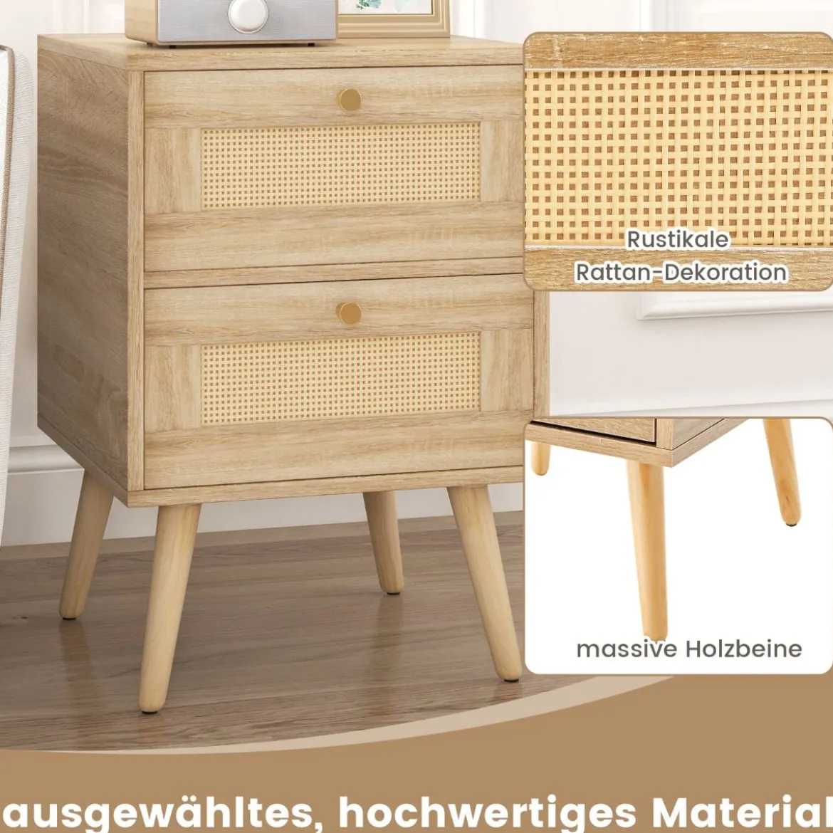 2er Set Rattan Nachttisch im Boho-Stil mit 2 Schubladen & Massivholzbeinen Nachtschrank