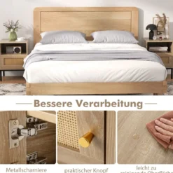 2er Set Rattan Nachttisch mit Offenem Regal & Schrank Nachtschrank Beistelltisch Natur