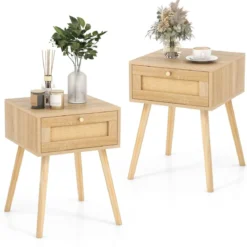 1/2er Set Rattan Nachttisch mit Schublade Beistelltisch Nachtkommode Nachtkonsole Sofatisch