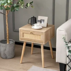 1/2er Set Rattan Nachttisch mit Schublade Beistelltisch Nachtkommode Nachtkonsole Sofatisch