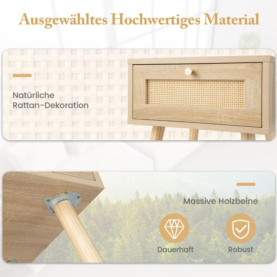 1/2er Set Rattan Nachttisch mit Schublade Beistelltisch Nachtkommode Nachtkonsole Sofatisch