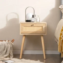 1/2er Set Rattan Nachttisch mit Schublade Beistelltisch Nachtkommode Nachtkonsole Sofatisch