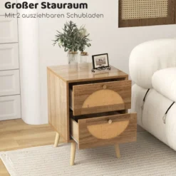 2er Set Rattan Nachttischmit 2 Schubladen & Massivholz Beinen Beistelltisch Sofatisch