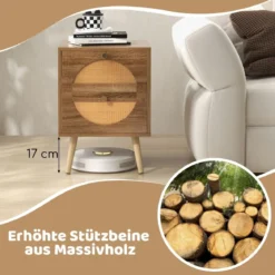 2er Set Rattan Nachttischmit 2 Schubladen & Massivholz Beinen Beistelltisch Sofatisch