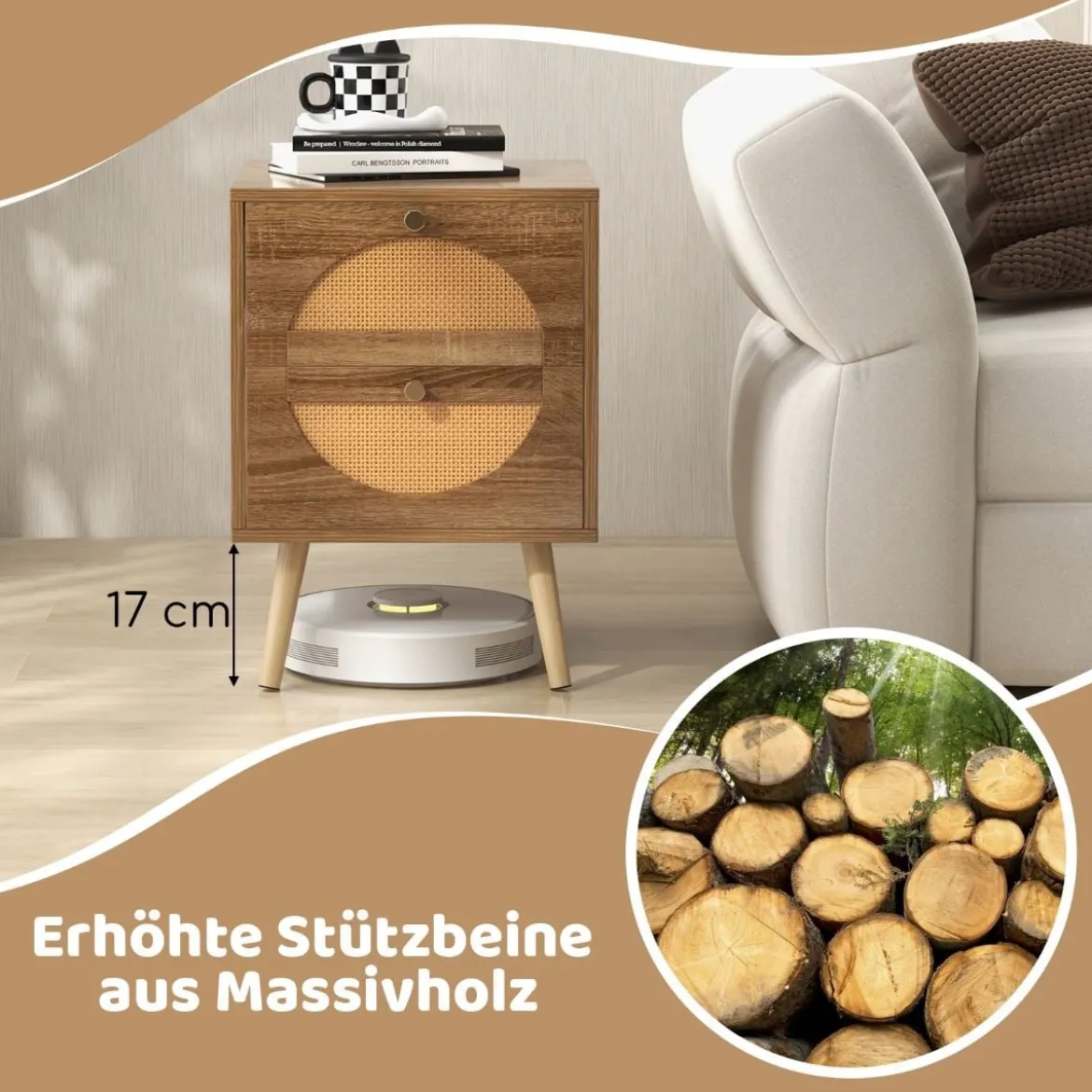 2er Set Rattan Nachttischmit 2 Schubladen & Massivholz Beinen Beistelltisch Sofatisch