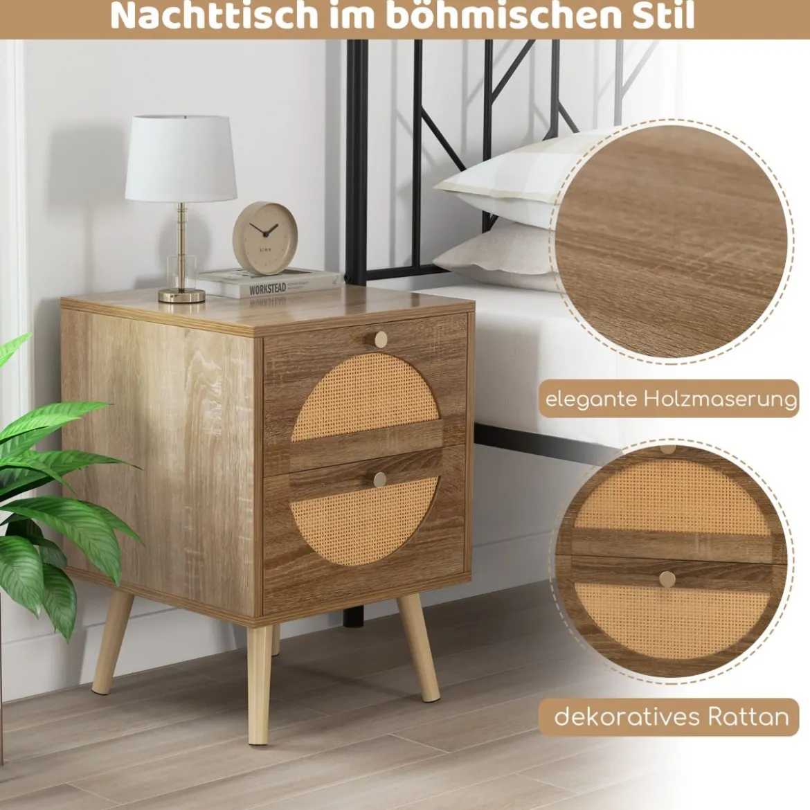 2er Set Rattan Nachttischmit 2 Schubladen & Massivholz Beinen Beistelltisch Sofatisch