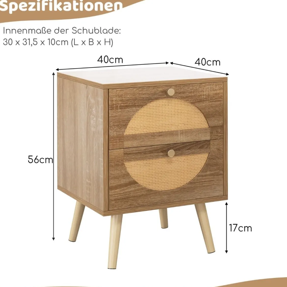 2er Set Rattan Nachttischmit 2 Schubladen & Massivholz Beinen Beistelltisch Sofatisch