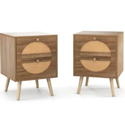 2er Set Rattan Nachttischmit 2 Schubladen & Massivholz Beinen Beistelltisch Sofatisch