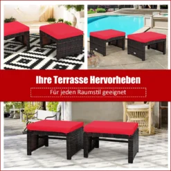 2er Set Rattan-Ottomanen Fußstütze Ottomane outdoor fußstütze mit kissen49 x 40 x 33 cm Rot