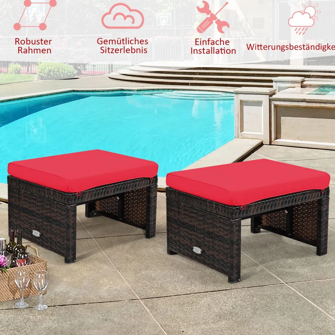 2er Set Rattan-Ottomanen Fußstütze Ottomane outdoor fußstütze mit kissen49 x 40 x 33 cm Rot