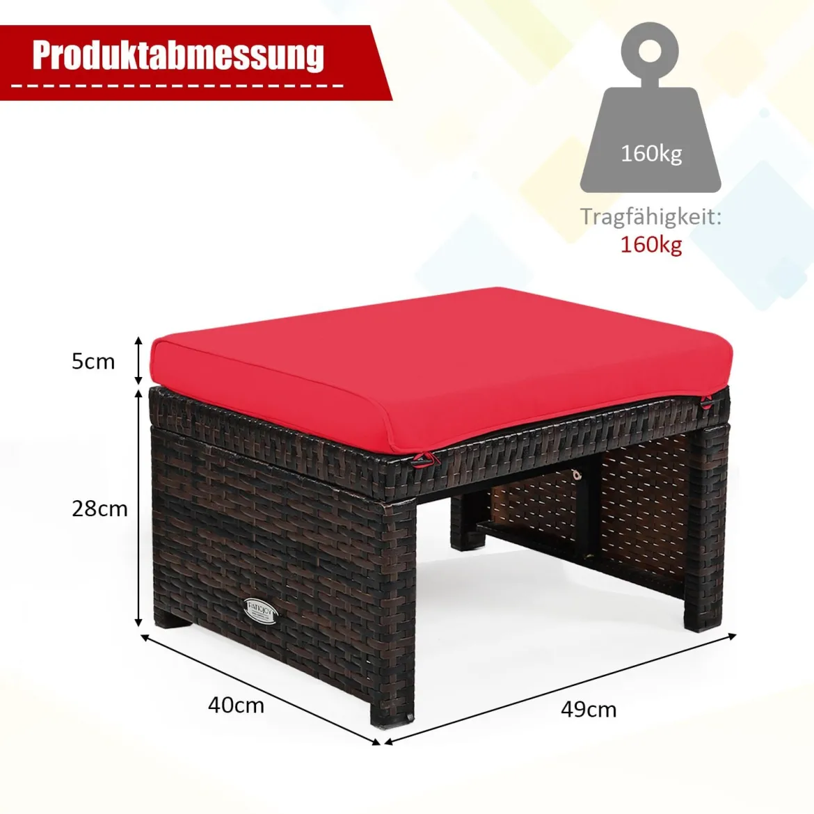 2er Set Rattan-Ottomanen Fußstütze Ottomane outdoor fußstütze mit kissen49 x 40 x 33 cm Rot