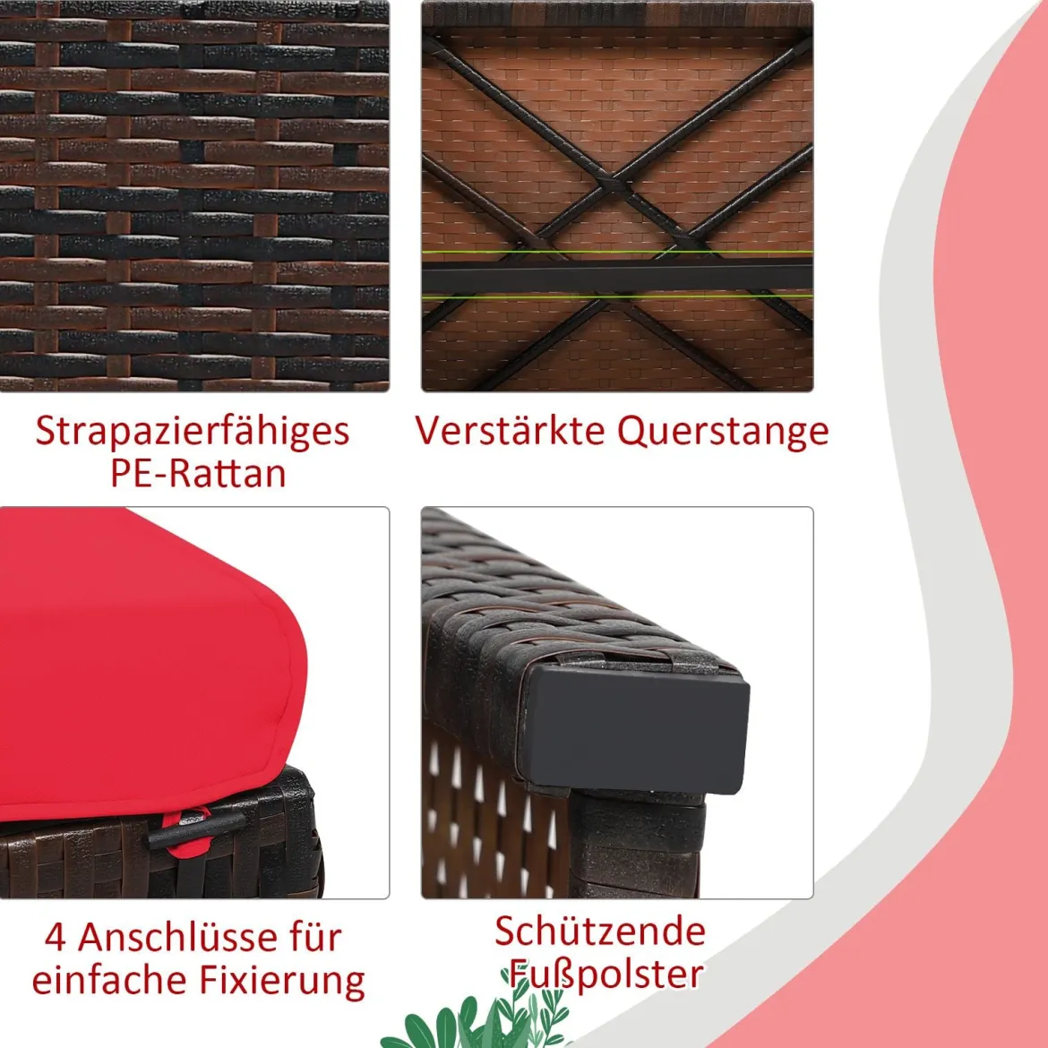 2er Set Rattan-Ottomanen Fußstütze Ottomane outdoor fußstütze mit kissen49 x 40 x 33 cm Rot