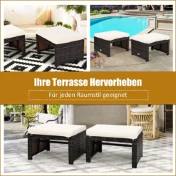 2er Set Rattan-Ottomanen Outdoor-Fußhocker mit weichem Kissen 49 x 40 x 33 cm Weiß