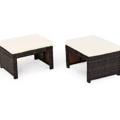 2er Set Rattan-Ottomanen Outdoor-Fußhocker mit weichem Kissen 49 x 40 x 33 cm Weiß