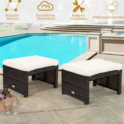 2er Set Rattan-Ottomanen Outdoor-Fußhocker mit weichem Kissen 49 x 40 x 33 cm Weiß