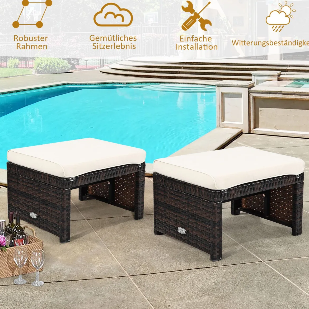 2er Set Rattan-Ottomanen Outdoor-Fußhocker mit weichem Kissen 49 x 40 x 33 cm Weiß