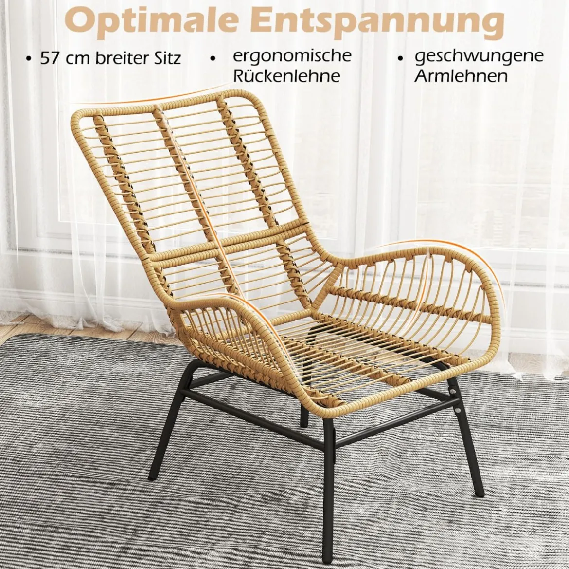 2er Set Rattansessel Gartenstuhl mit Dickem Kissen Rattanstuhl XXL Gartensessel für Terrasse bis 180 kg Belastbar