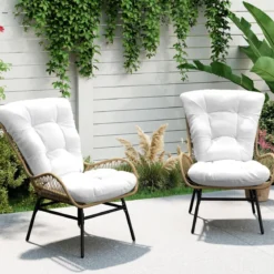 2er Set Rattansessel Gartenstuhl mit Dickem Kissen Rattanstuhl XXL Gartensessel für Terrasse bis 180 kg Belastbar