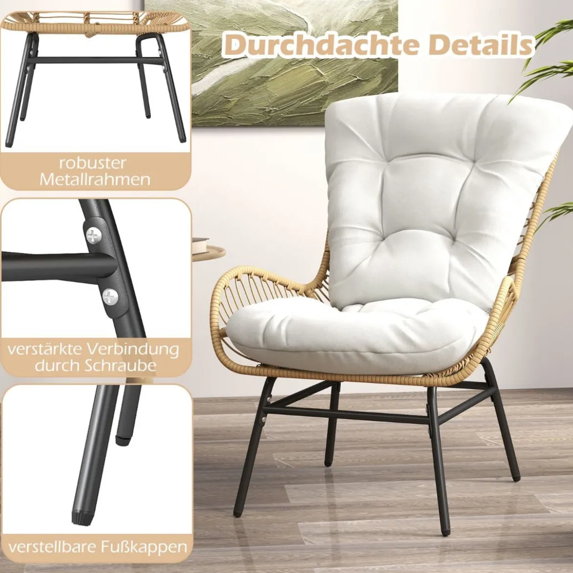 2er Set Rattansessel Gartenstuhl mit Dickem Kissen Rattanstuhl XXL Gartensessel für Terrasse bis 180 kg Belastbar