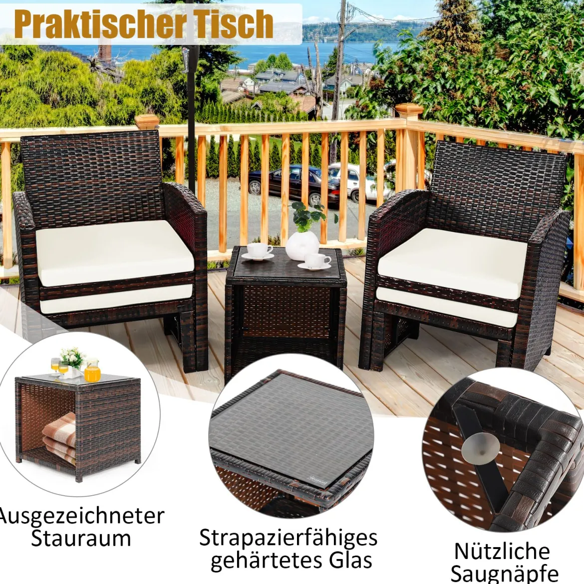5er Set Rattan Set Möbel Balkonset Gartenmöbel Sitzgruppe Braun + Weiß