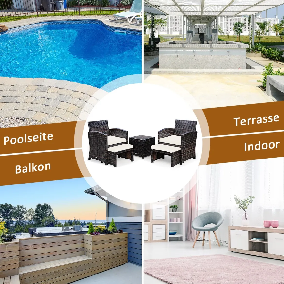 5er Set Rattan Set Möbel Balkonset Gartenmöbel Sitzgruppe Braun + Weiß