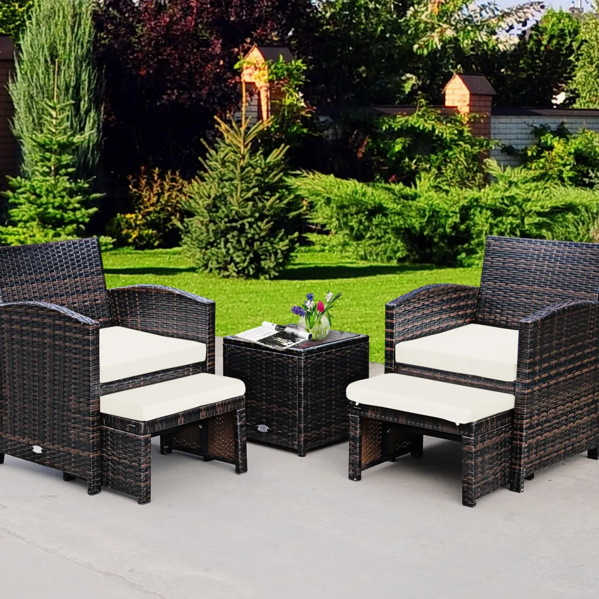 5er Set Rattan Set Möbel Balkonset Gartenmöbel Sitzgruppe Braun + Weiß