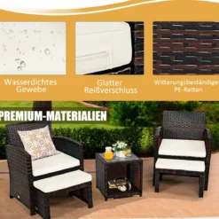 5er Set Rattan Set Möbel Balkonset Gartenmöbel Sitzgruppe Braun + Weiß