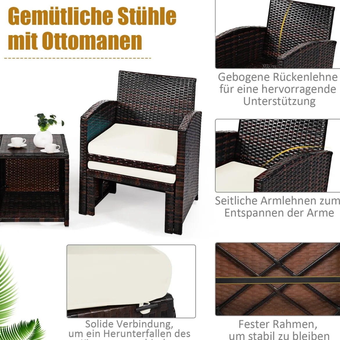 5er Set Rattan Set Möbel Balkonset Gartenmöbel Sitzgruppe Braun + Weiß