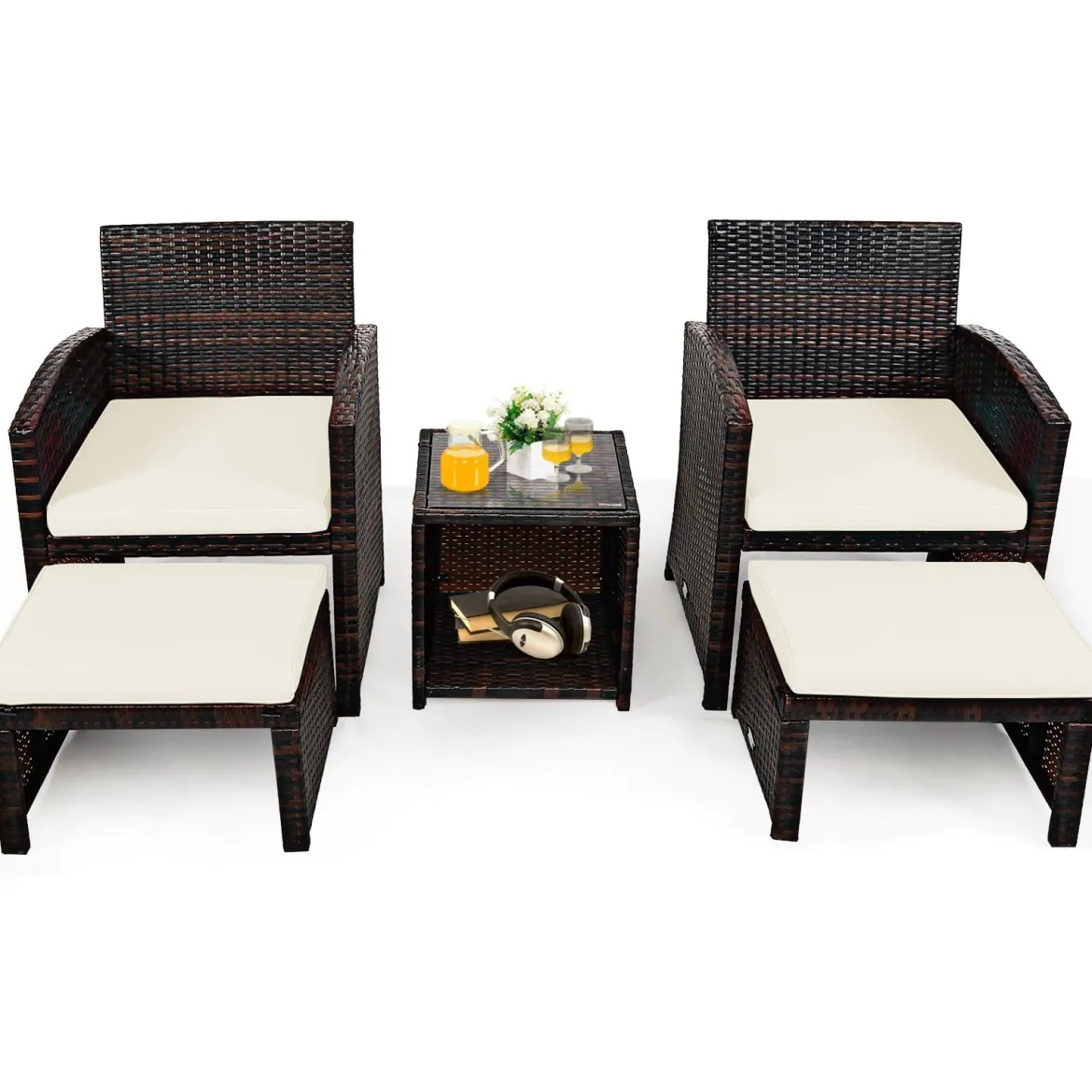 5er Set Rattan Set Möbel Balkonset Gartenmöbel Sitzgruppe Braun + Weiß