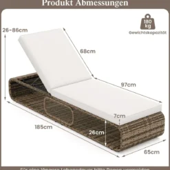 2er Set Rattan Sonnenliege mit Auflage & Verstellbarer Rückenlehne Wetterfeste Balkonliege Khaki/Grau/Beige