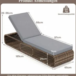 2er Set Rattan Sonnenliege mit Auflage & Verstellbarer Rückenlehne Wetterfeste Balkonliege Khaki/Grau/Beige